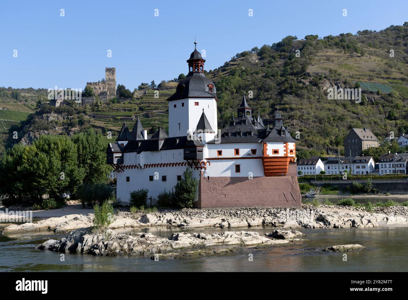 Castello di Pfalzgrafenstein (il Pfalz) sull'isola di Falkenau sul fiume Reno Foto Stock