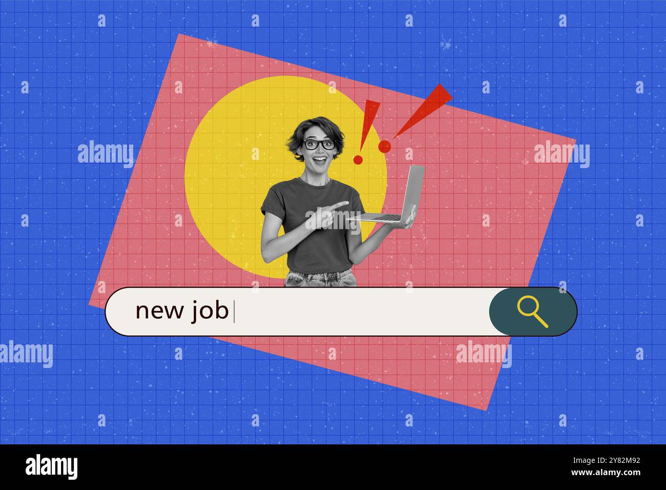 Grafica di tendenza immagine di schizzo collage di foto del candidato all'area di lavoro vacante hr pagina di interfaccia di ricerca sito Web giovane signora tipo laptop nuovo lavoro Foto Stock