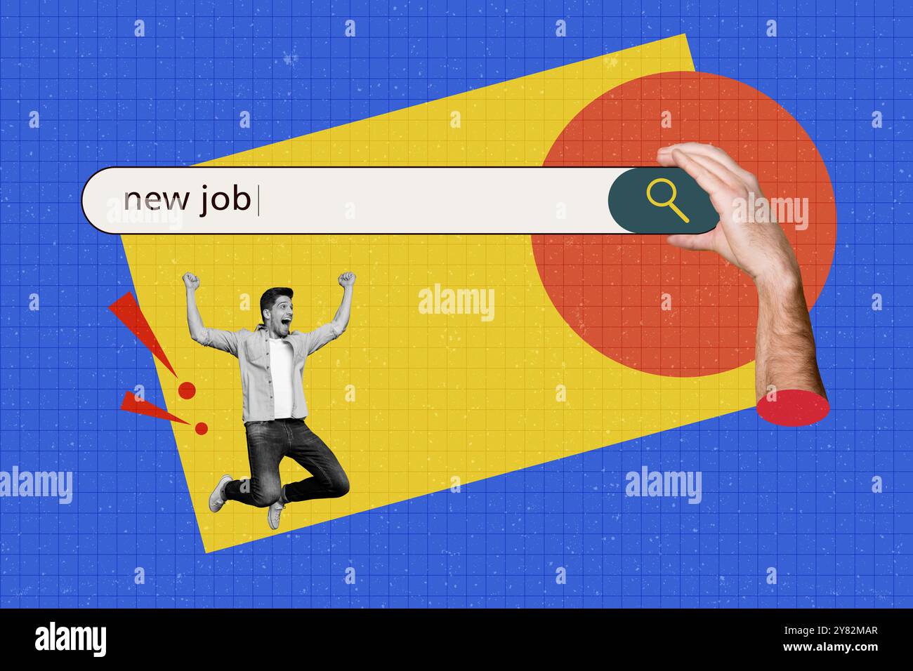 Grafica di tendenza immagine di schizzo collage fotografico del candidato all'area di lavoro vacante hr pagina di interfaccia di ricerca sito Web giovane uomo salto successo nuovo lavoro Foto Stock