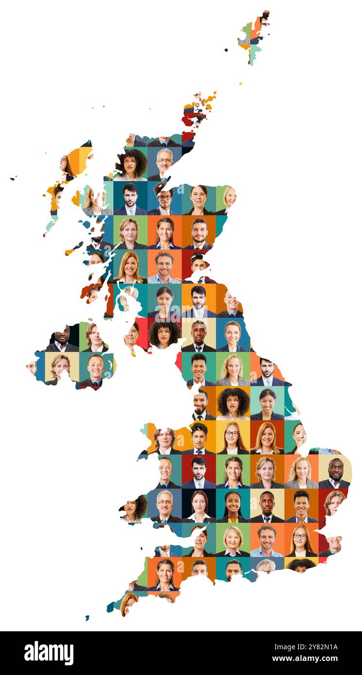 Profilo della Gran Bretagna con ritratti di persone d'affari diverse su sfondi colorati Foto Stock