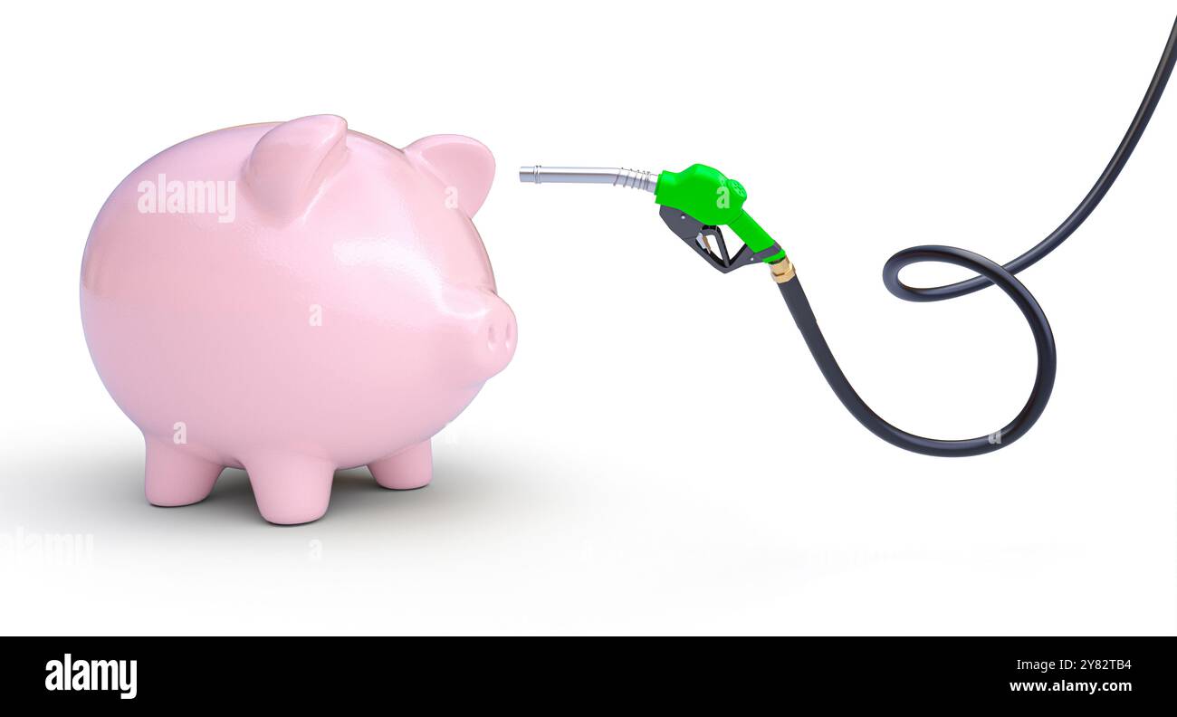Ugello del gas verde che riempie un salvadanaio rosa su sfondo bianco 3d. Foto Stock
