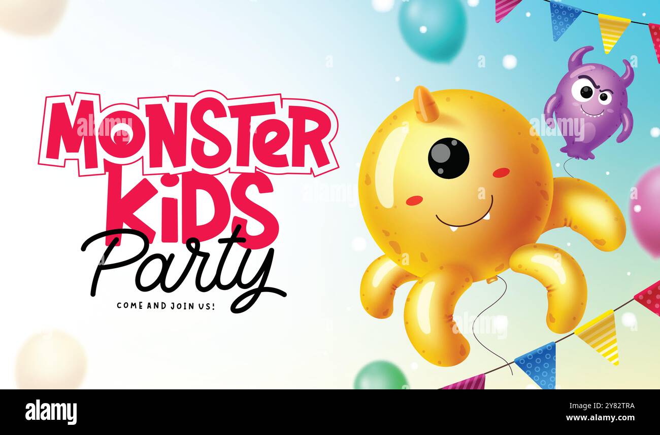 Design vettoriale con messaggio di benvenuto per i bambini mostro. Biglietto per la festa di compleanno di Halloween con polpo e palloncini gonfiabili mostruosi su sfondo sfocato. Vettore Illustrazione Vettoriale