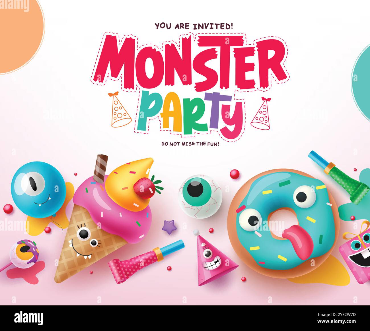 Design vettoriale di testo con messaggio di benvenuto mostro. Biglietto d'invito per il compleanno di Halloween con gelato, ciambelle, palloncini, cappello da festa e creatura gonfiabile regalo Illustrazione Vettoriale