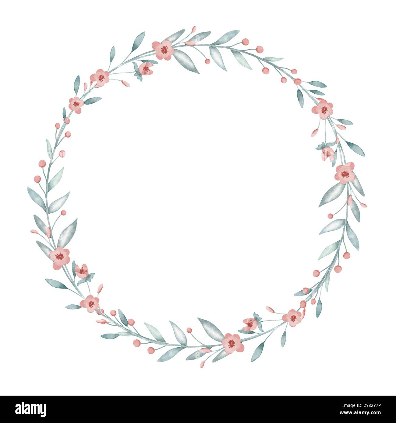 Corona floreale con fiori rosa pastello e foglie verde blu per biglietti d'auguri o inviti. Illustrazione acquerello per il modello cartoline. Disegno di cornice circolare su sfondo isolato. Foto Stock