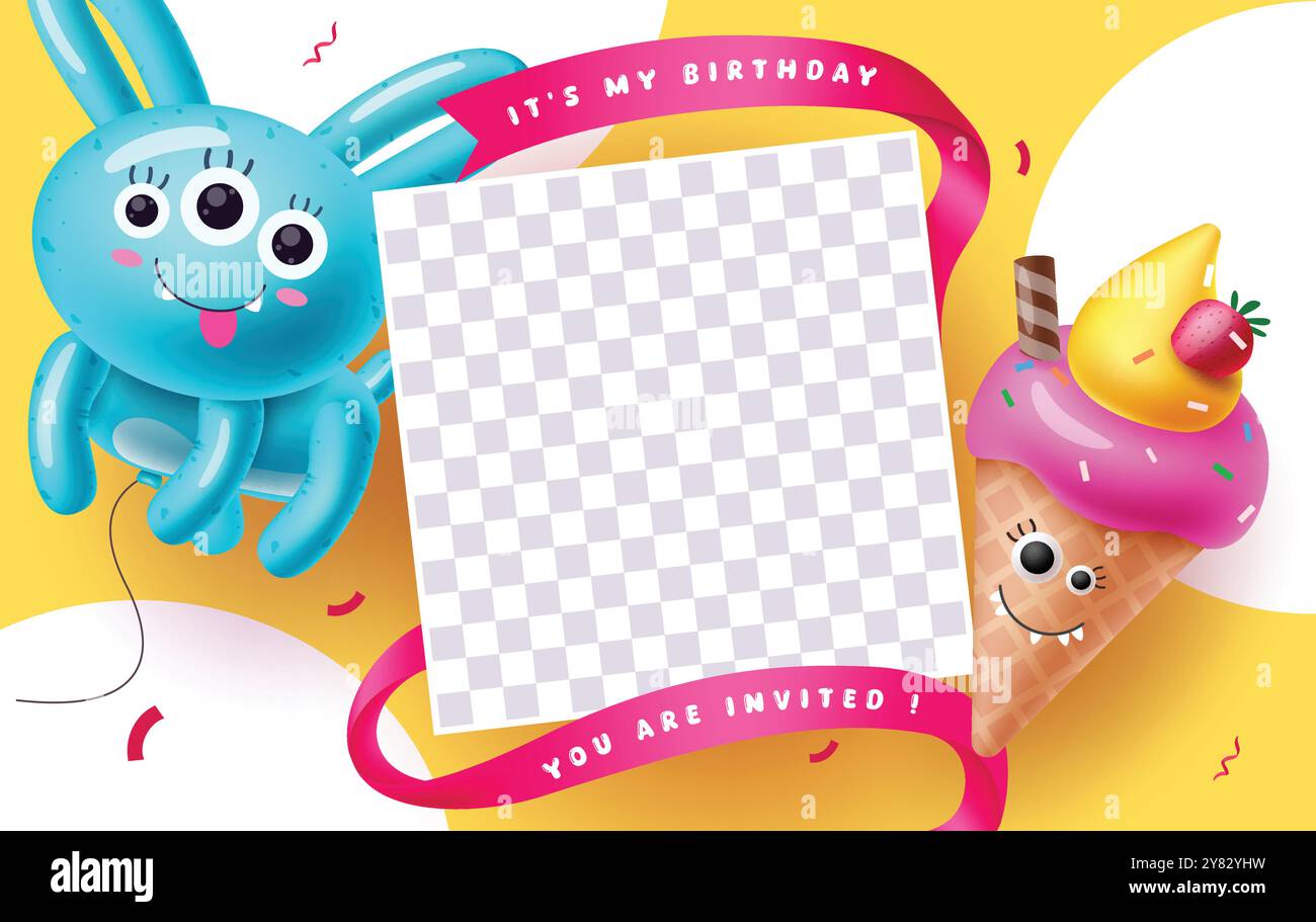 Design del modello vettoriale della carta di compleanno di Halloween. Auguri di buon compleanno con mongolfiere e gelato gonfiabile per la festa dei bambini Illustrazione Vettoriale