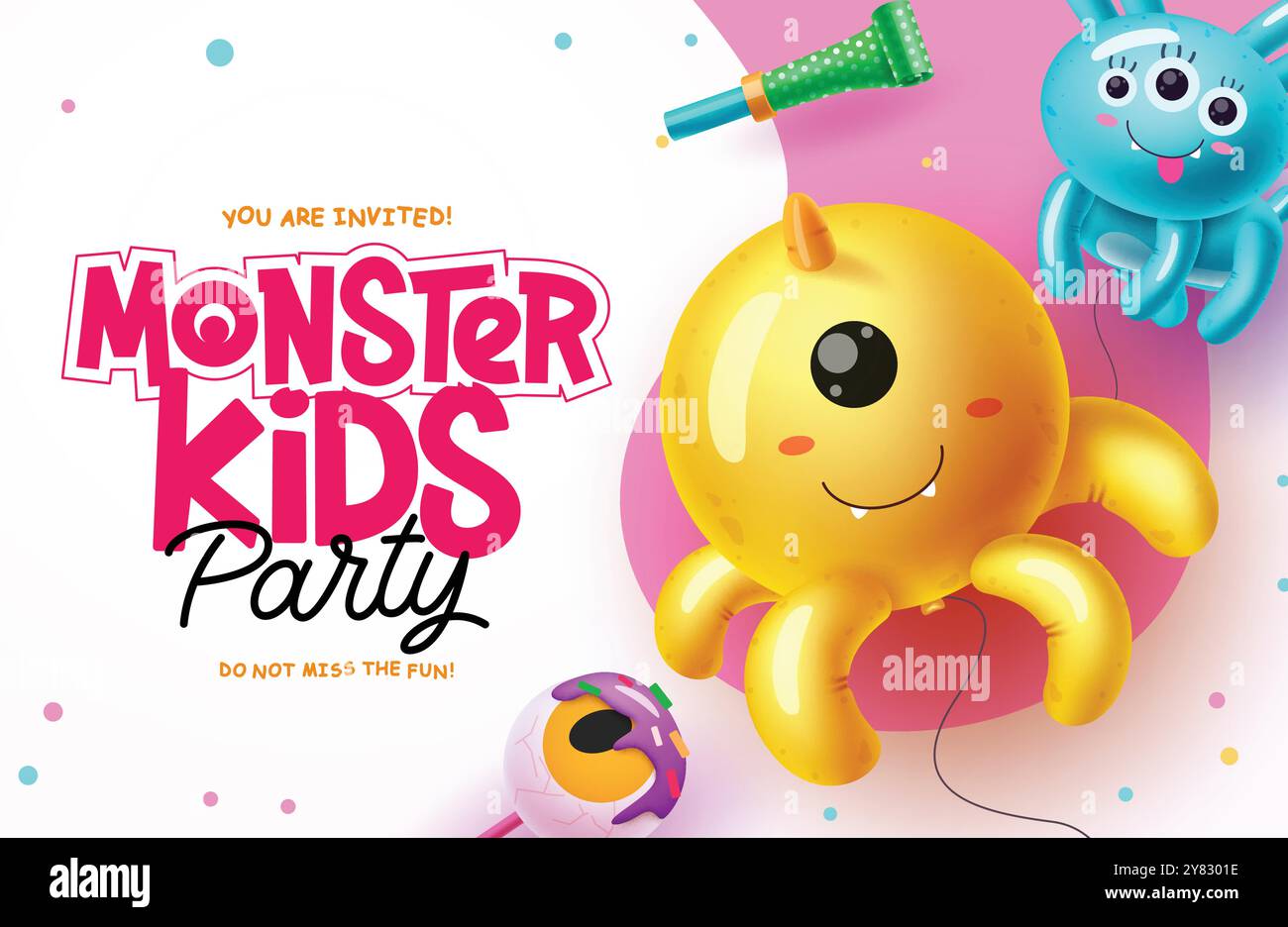 Design vettoriale Monsters Kids. Biglietto d'invito per il compleanno con palloncini di polpo ed elementi galleggianti gonfiabili su sfondo astratto. Illustrazione Vettoriale