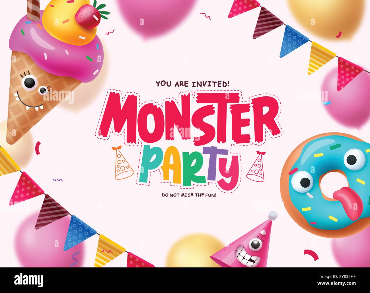 Design del modello vettoriale di testo del messaggio di saluto del mostro party. Biglietto d'invito per bambini di halloween di compleanno con palloncini gelato, ciambella gonfiabile e colorato Illustrazione Vettoriale