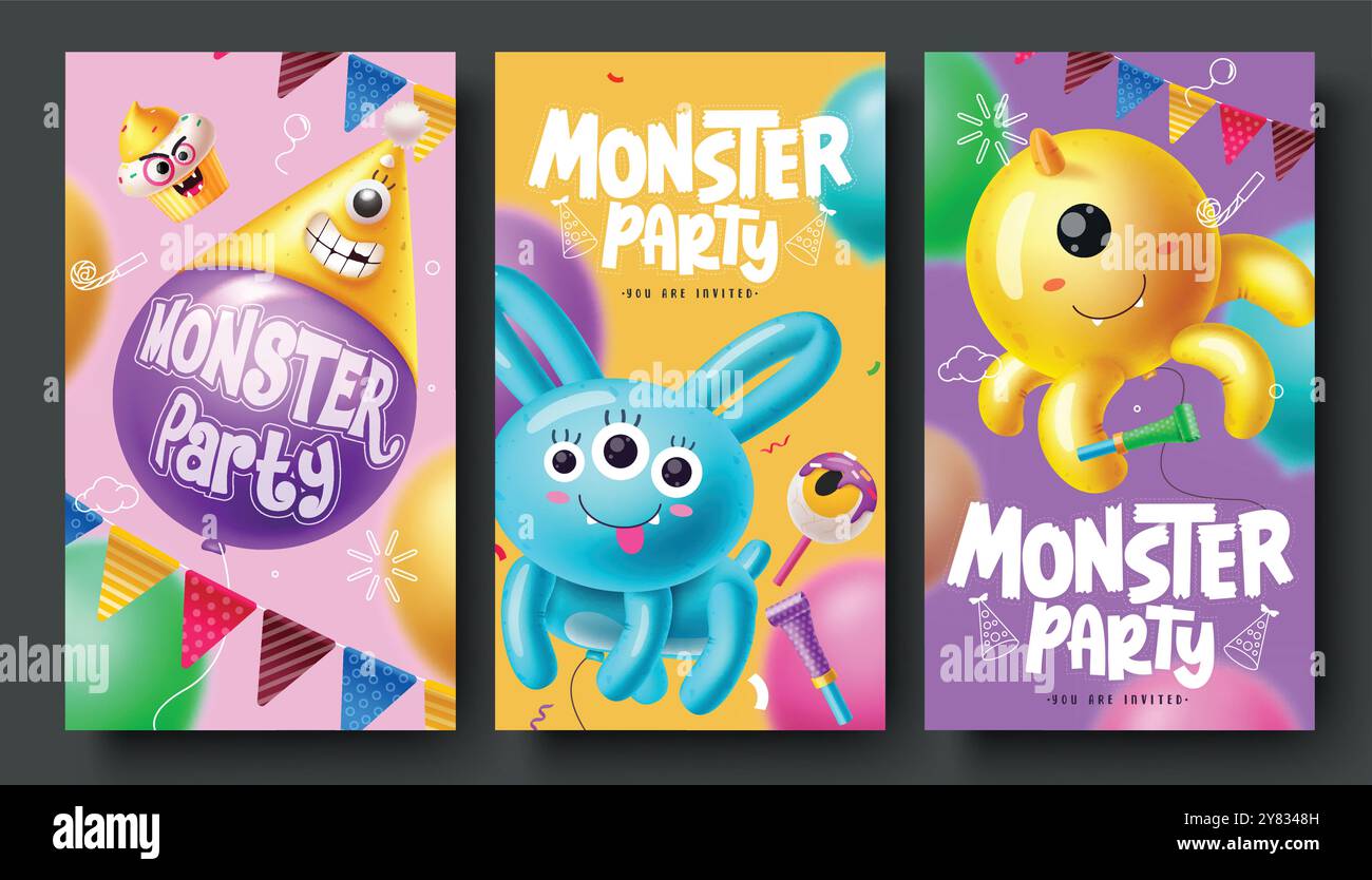 Design del set di poster vettoriali per le carte dei Monster party. Collezione di biglietti di auguri di compleanno con palloncini personaggi animali e decorazioni con elementi gonfiabili. Illustrazione Vettoriale