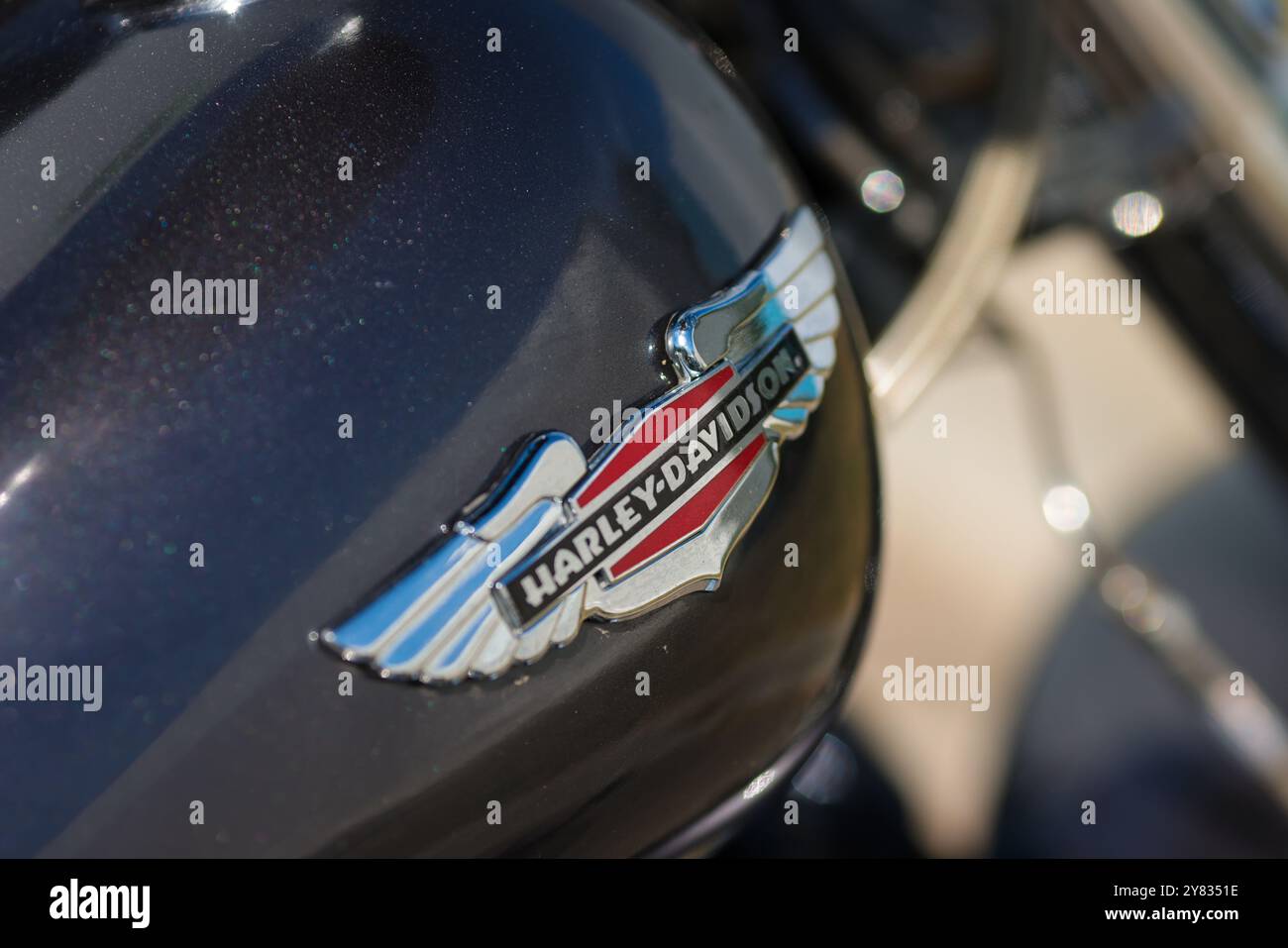 Bucarest, Romania - 2 ottobre 2024: Dettagli della profondità di campo bassa (messa a fuoco selettiva) con il logo Harley Davidson su una motocicletta. Foto Stock