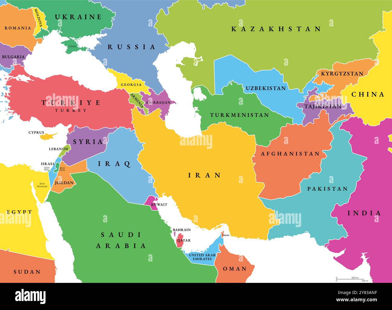 Asia sud-occidentale, mappa politica con sagome multicolore di singoli paesi. Chiamata anche Asia occidentale, occidentale o sud-occidentale, una sottoregione. Foto Stock