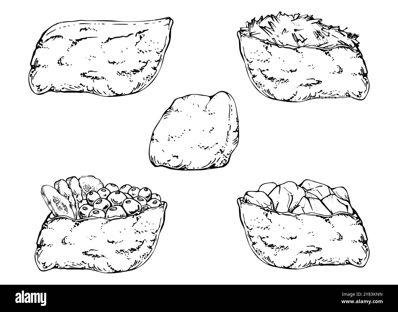 Cucina tradizionale giapponese, sushi inari con pesce crudo salmone granchio di tonno, impacco tofu, caviale cetriolo zenzero disegnato a mano in penna vettoriale, inchiostro. Set di Illustrazione Vettoriale