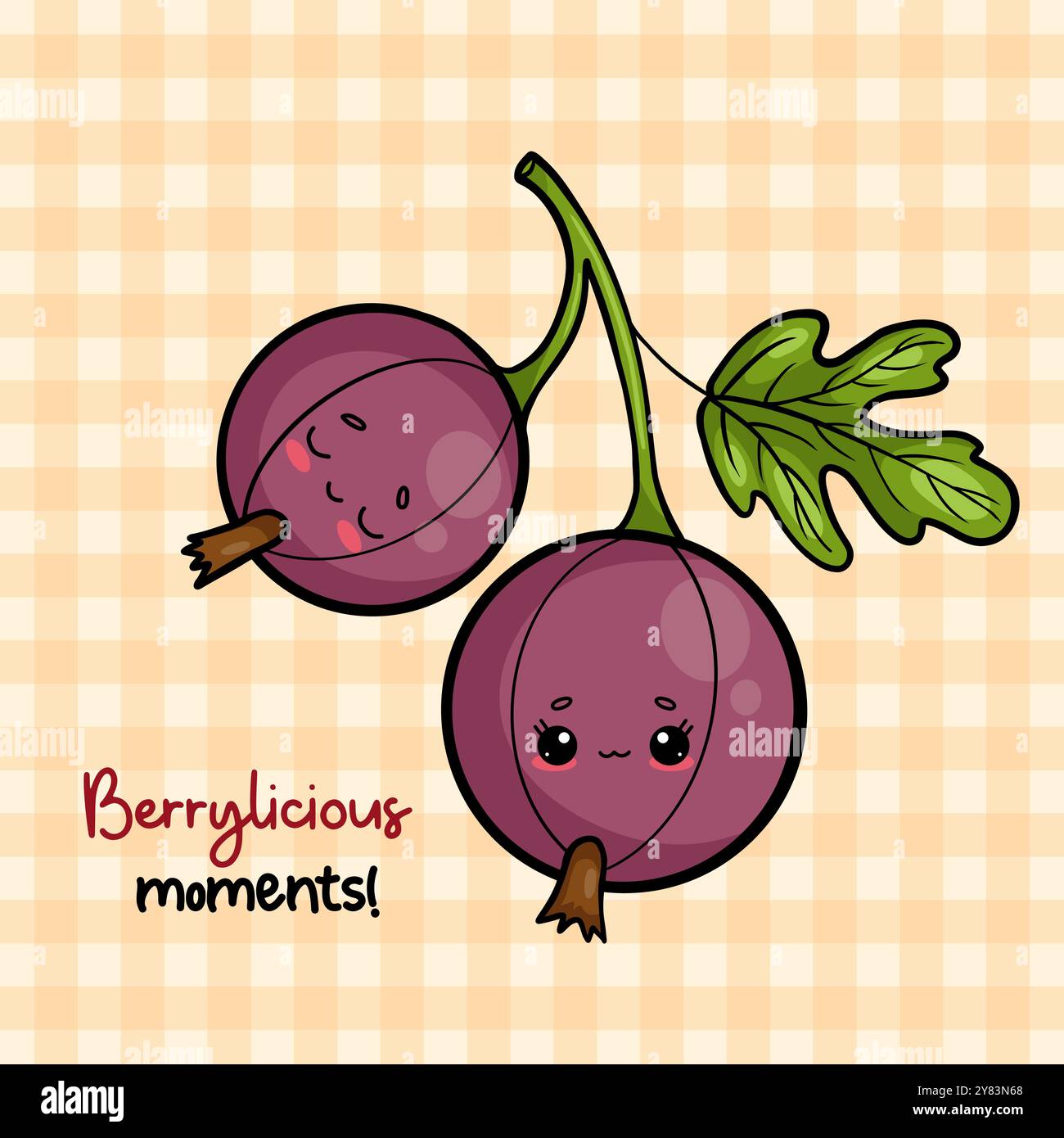 Brindisi di uva spina blu, frutta cespugliosa. Cartoni animati divertente personaggio di bacche di kawaii. Biglietto con slogan. Illustrazione vettoriale Illustrazione Vettoriale