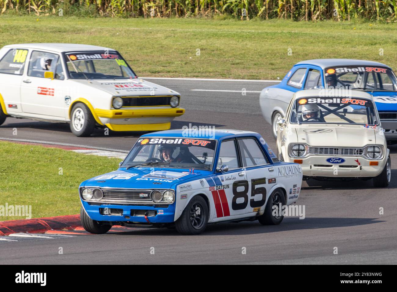 Jonathan Corker nel suo Datsun 510 durante la gara del 2023 Classic Touring Car Racing Club a Snetterton, Norfolk, Regno Unito. Foto Stock