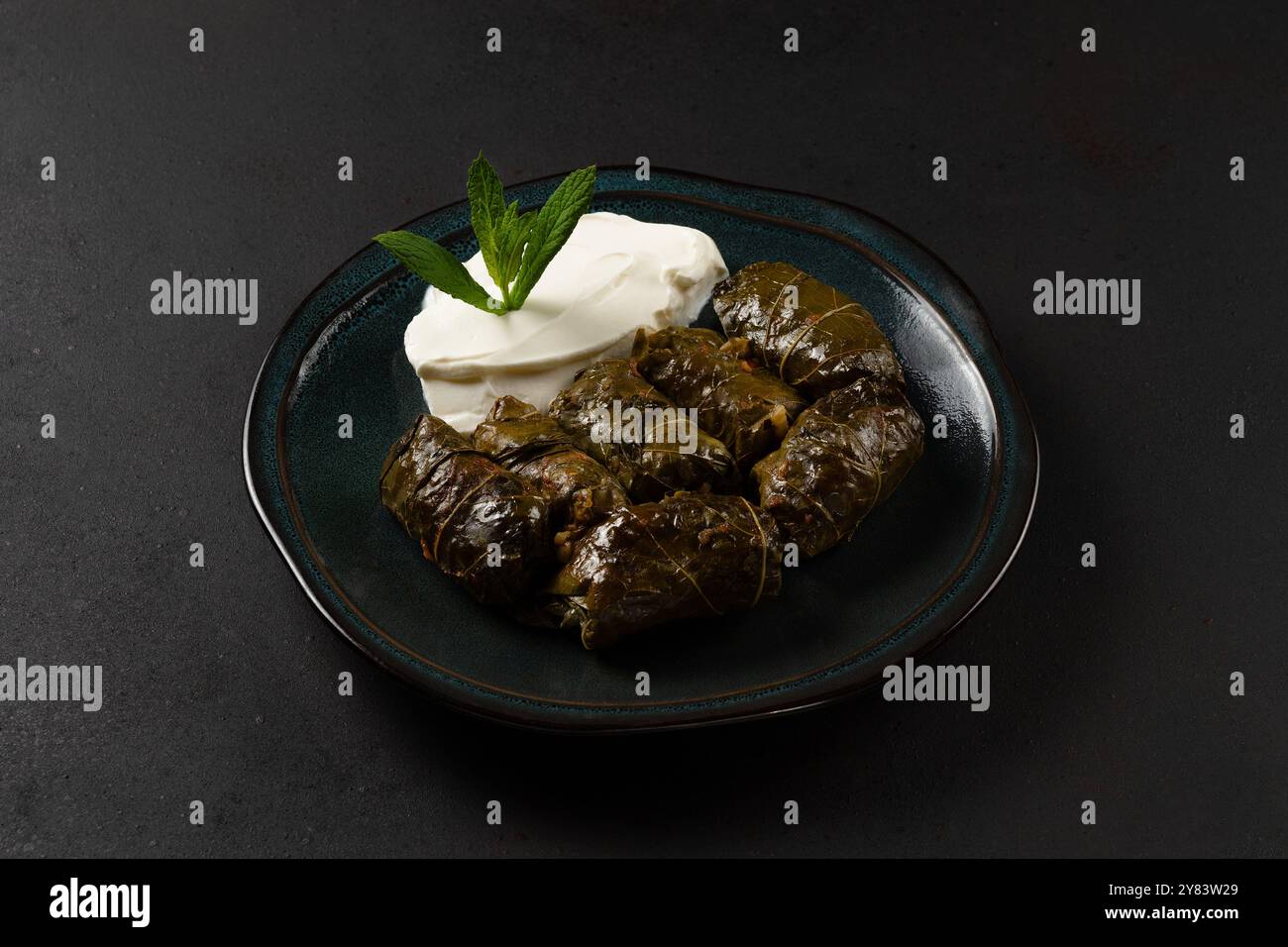 Cucina greca mediterranea. Delizioso riso con foglie d'uva ripiene di dolma, salsa di yogurt bianco. Foto Stock