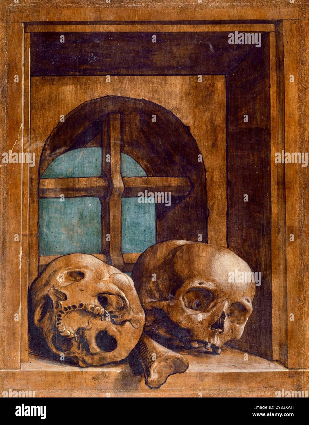 Hans Holbein il giovane - due teschi in Una nicchia finestra - c1520 Foto Stock