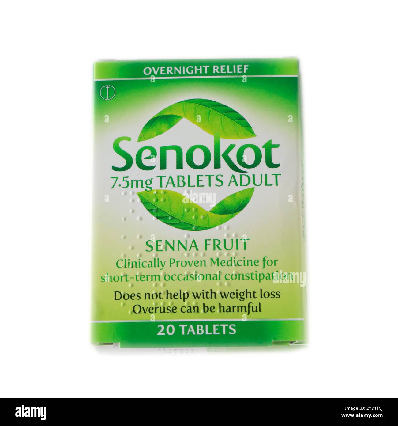 Allestimento studio su sfondo bianco - fotografia di Senokot 7,5 mg compresse. Adulti. Senna Fruit - 20 compresse cartone/confezione Foto Stock