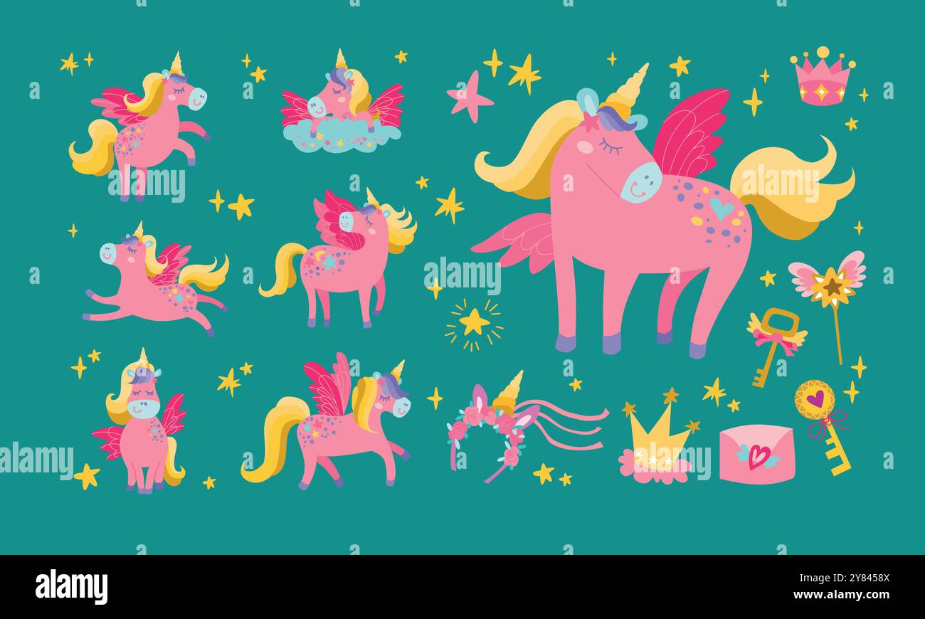 Set vettoriale unicorno. Collezione di animali Fantasy con corno d'oro e criniera. Personaggio da fiaba di cavallo seduto, correndo, dormendo. Creatura magica dei cartoni animati ic Illustrazione Vettoriale