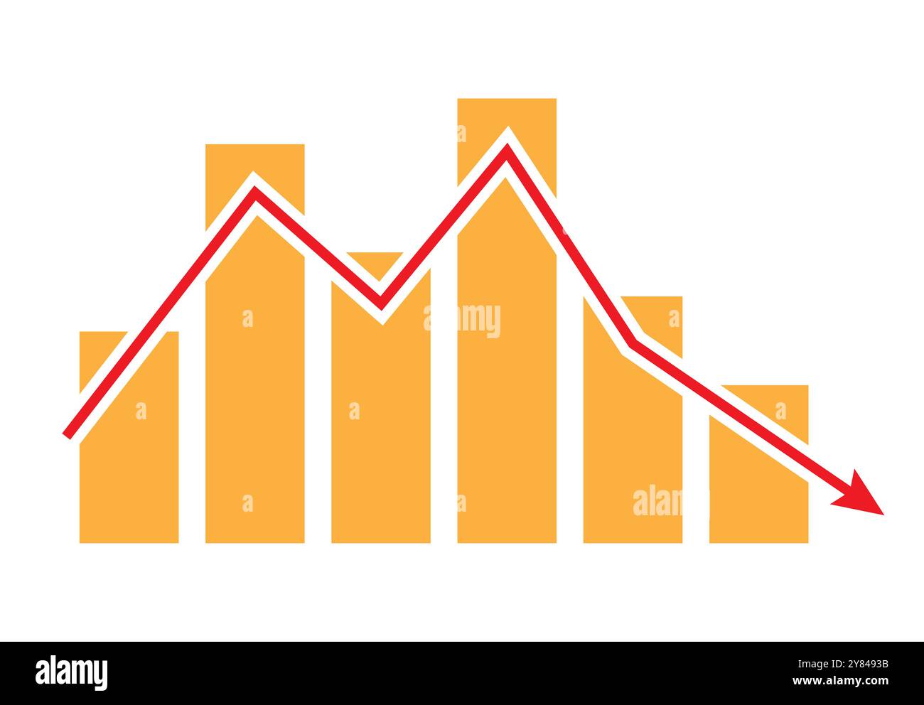 Freccia rossa verso il basso icona stock su sfondo bianco. Design icona riduzione, fallimento, crollo del mercato finanziario. Per l'interfaccia utente dell'app. trend discendente grafico Illustrazione Vettoriale