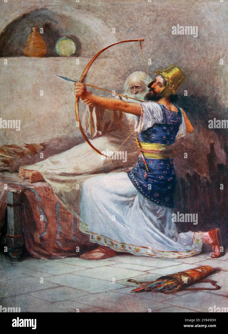 Illustrazione della Freccia della liberazione del Signore di W.H.Margetson - Elisha sul suo letto malato con Joash Re di Israele che spara alla Freccia fuori dalla vittoria Foto Stock