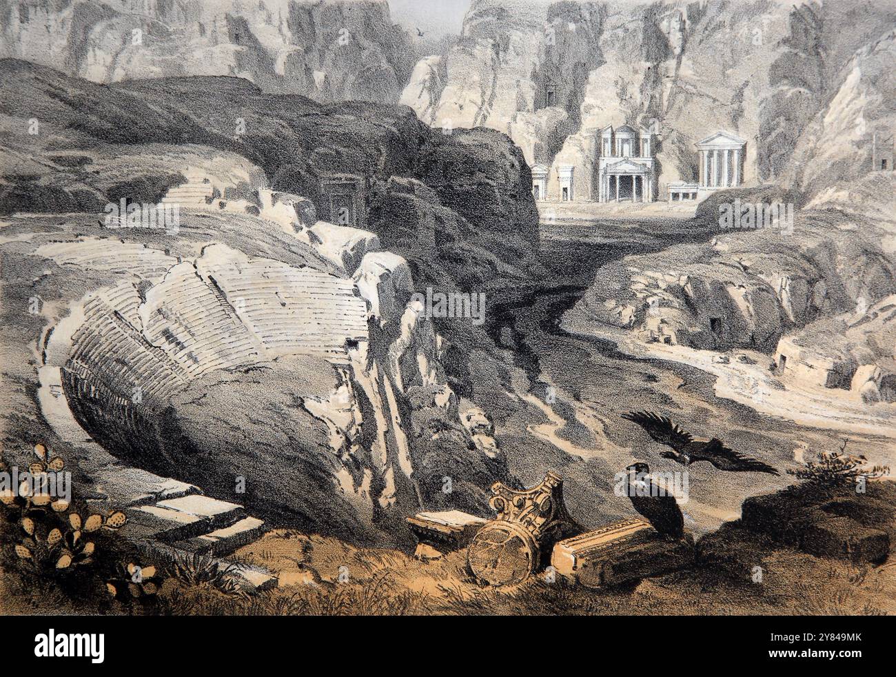 Incisione colorata a mano di Petra in Giordania con l'anfiteatro e le Tombe Nabatee in Antica edizione 1776 della National Illustrated Family Bible the Foto Stock