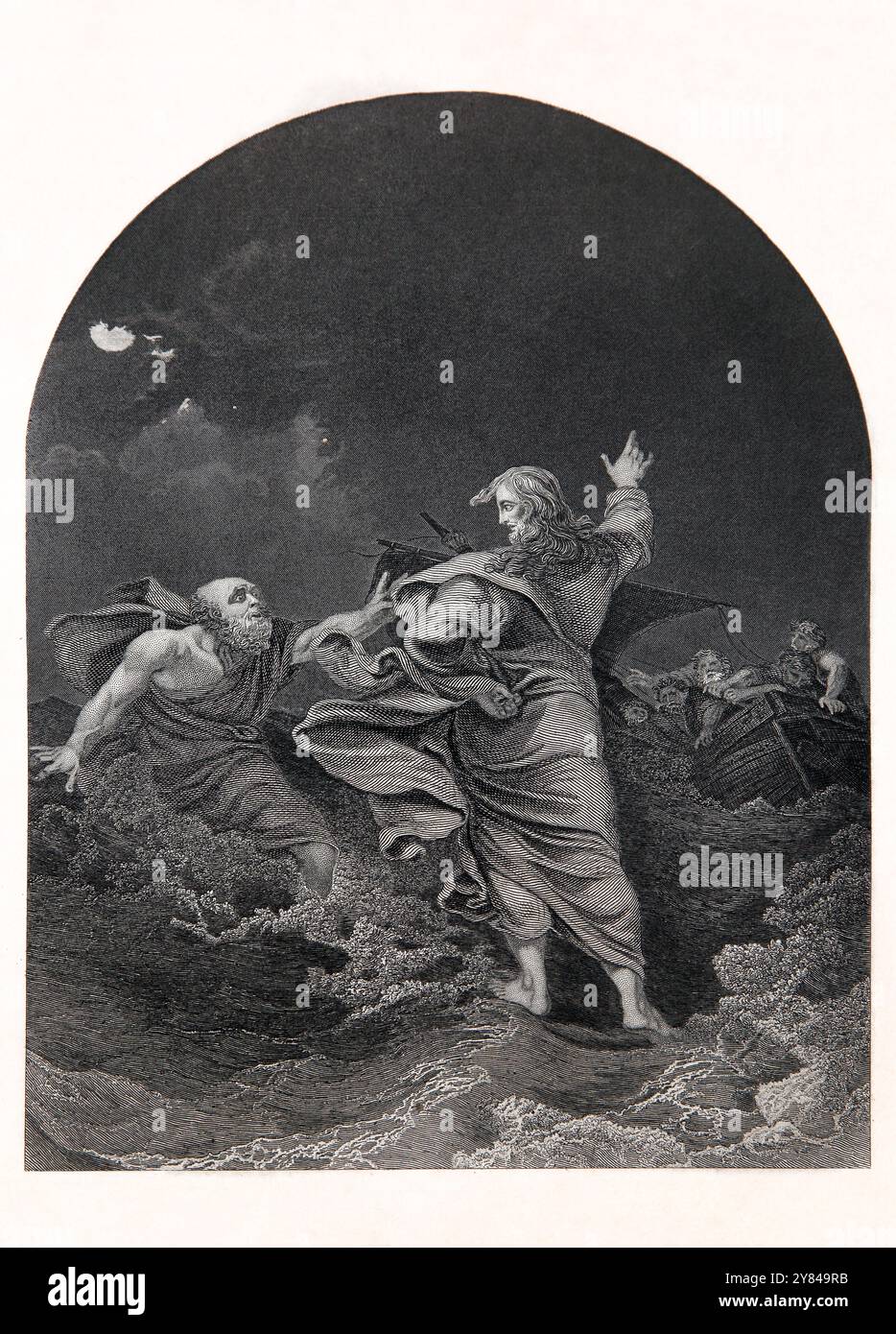 Incisione della fede di Pietro che lo ha deluso - l'apostolo Pietro uscì dalla barca e venne da Gesù che camminava sull'acqua Pietro si spaventò e cominciò Foto Stock