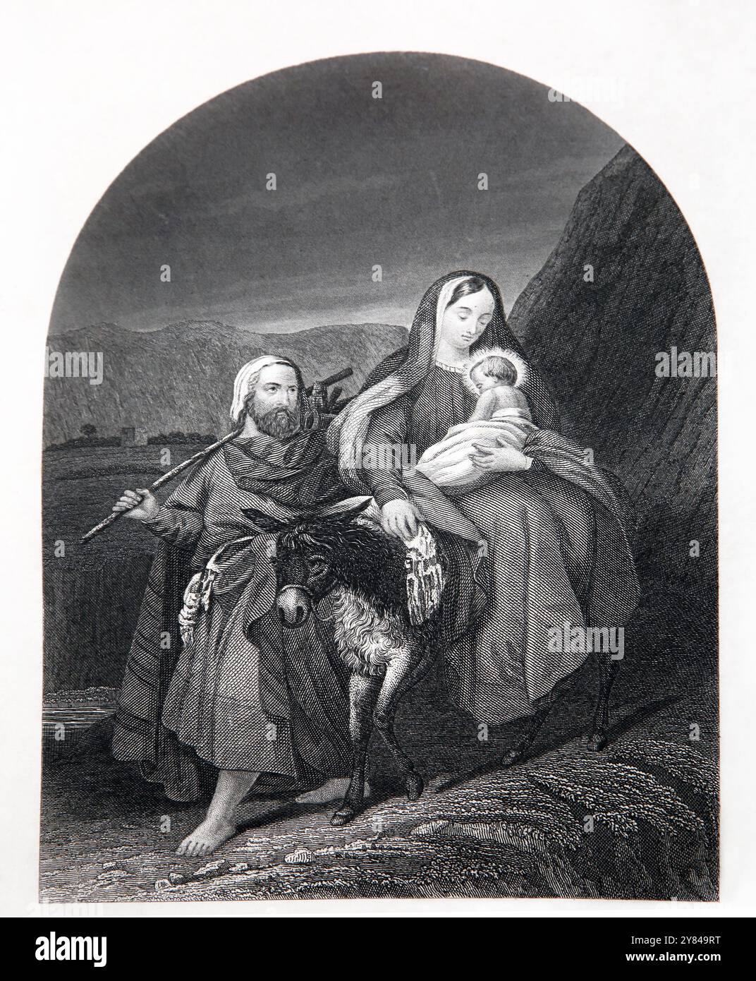 Incisione della fuga in Egitto nell'Antica edizione 1776 della National Illustrated Family Bible la Sacra Bibbia con commenti con Scott e H. Foto Stock