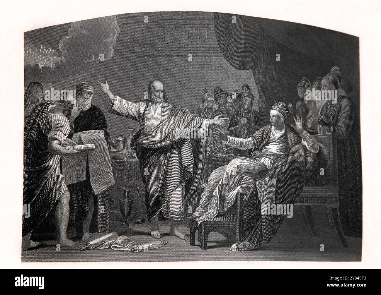 Incisione di Daniel che interpreta la calligrafia sul muro durante la Festa di Belshazzar Antique edizione 1776 del National Illustrated Famil Foto Stock