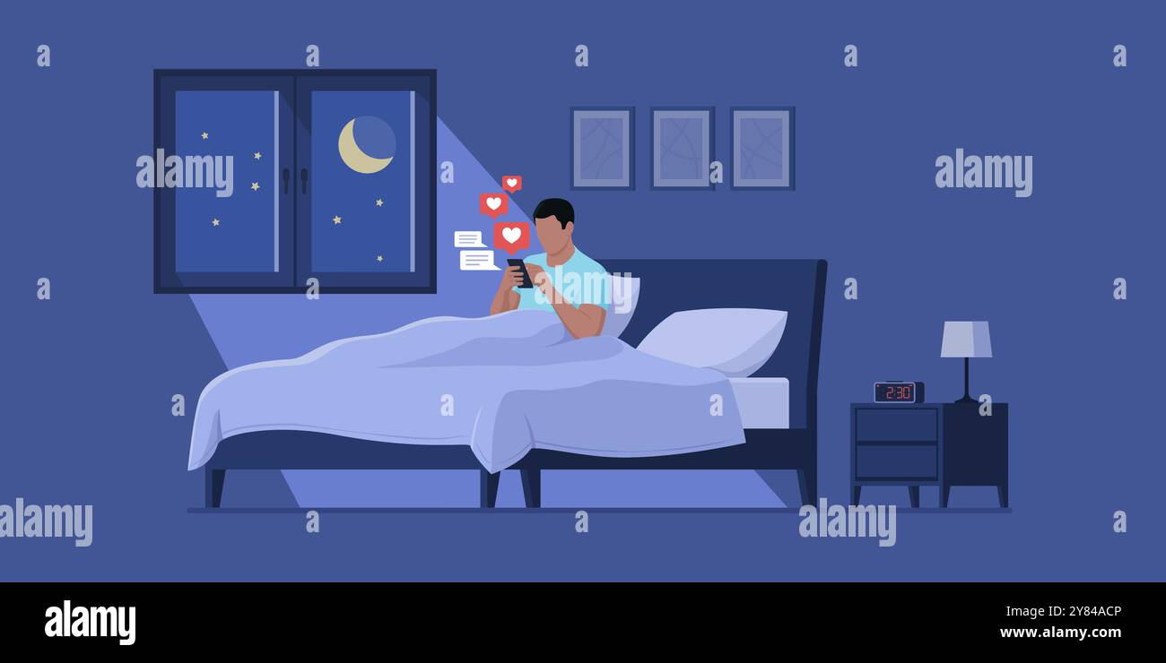 Uomo solo sdraiato a letto di notte, si connette online sui social media e chatta invece di dormire, concetto di dipendenza da Internet Illustrazione Vettoriale