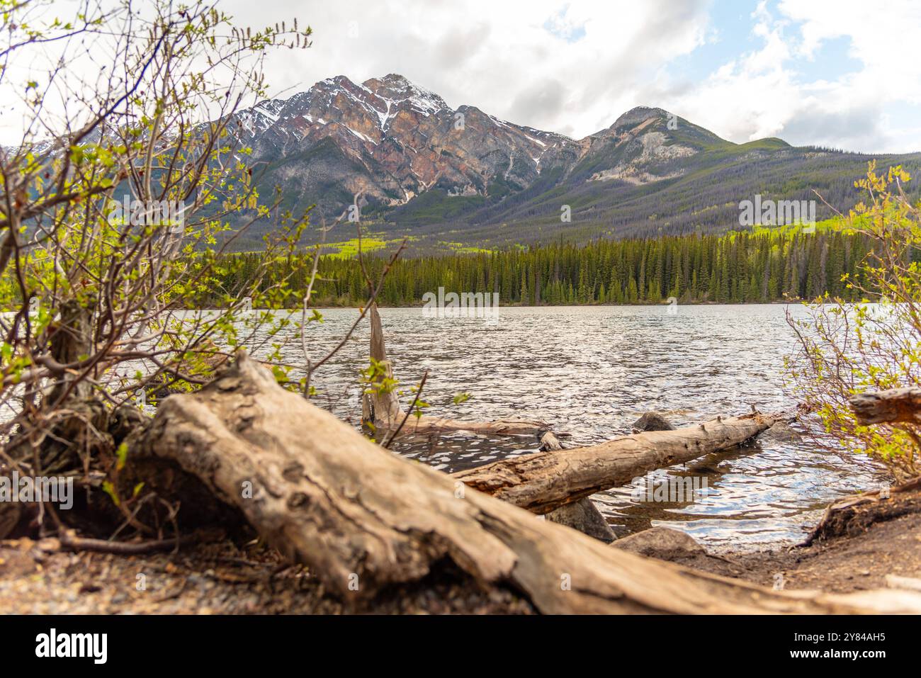 Incredibili vedute della natura al lago Pyramid nel Parco Nazionale di Jasper durante la primavera con una montagna unica sullo sfondo con una foresta boreale. Foto Stock