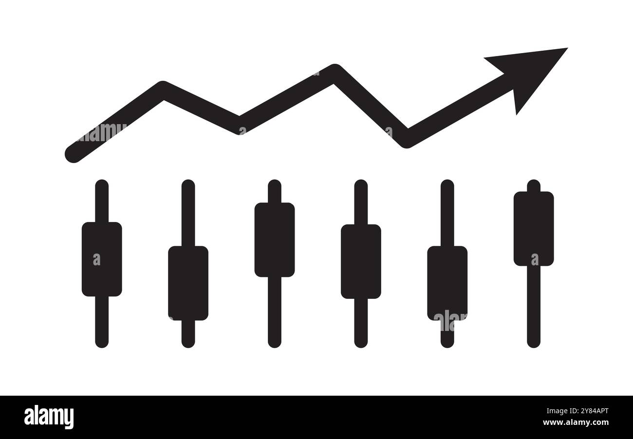 Icona grafico a candeliera. Trading Forex o azionario. Vendite professionali. Mercato azionario. Investimenti finanziari. simbolo della linea di mercato di tendenza Illustrazione Vettoriale