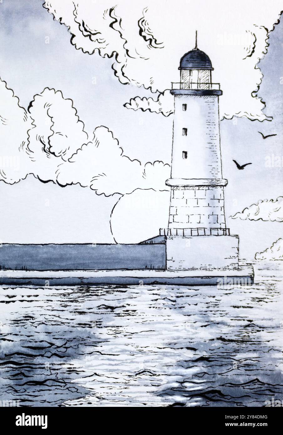 Drenaggio a inchiostro e acquerello di un faro del porto. Illustrazione tradizionale, la mia opera d'arte. Foto Stock