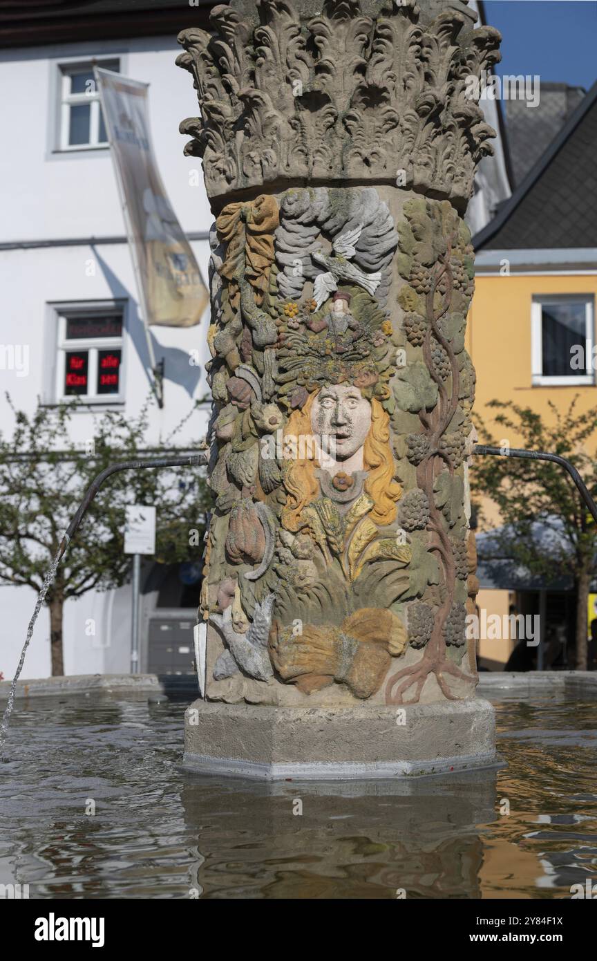 Particolare della fontana di Zinsfeld, creata nel 1660, Holzmarkt, Kulmbach, alta Franconia, Baviera, Germania, Europa Foto Stock