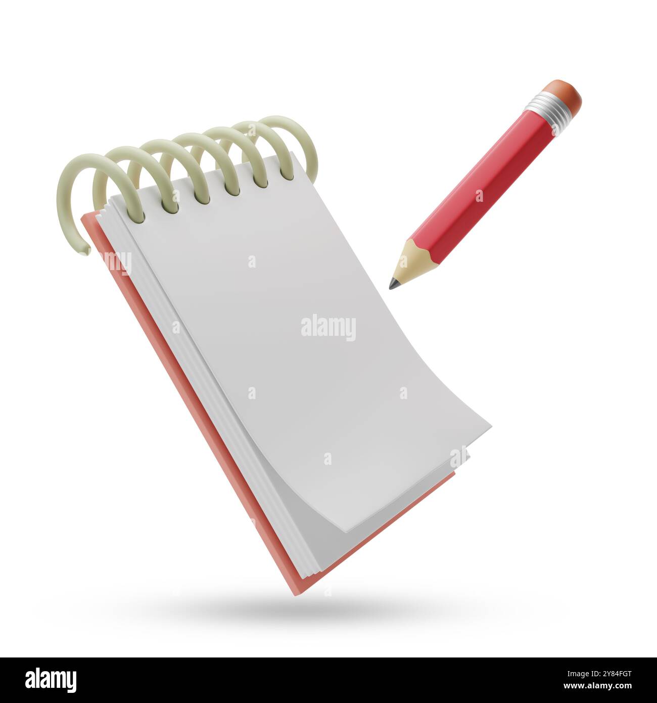 Scrittura a matita rossa su un blocco note vuoto isolato su sfondo bianco. illustrazione 3d. Foto Stock