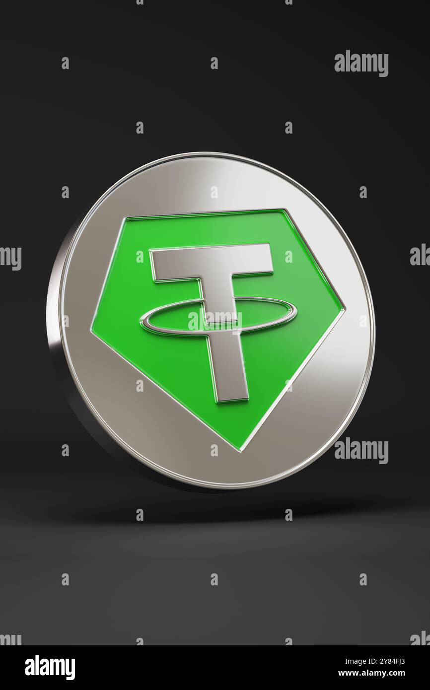 Tether USDT Coin isolato su sfondo nero. illustrazione 3d. Foto Stock