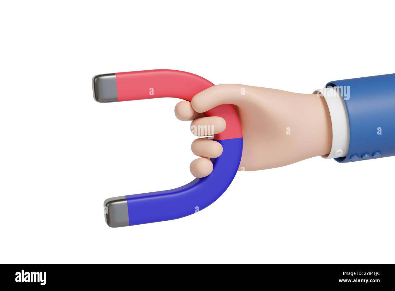 Mano del cartone animato che tiene un magnete isolato su sfondo bianco. illustrazione 3d. Foto Stock