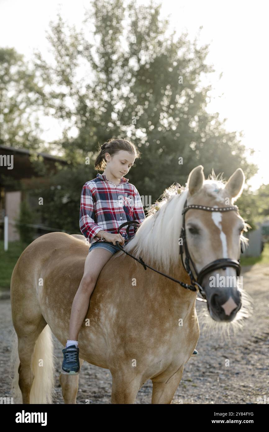 Ragazza, 10 anni, seduta su un cavallo Foto Stock