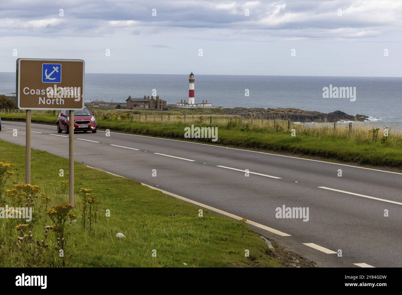 Buchan Ness Lighthouse and Coastal Trail North Road Signs, Peterhead, Aberdeenshire, Scozia, Regno Unito, Europa Foto Stock