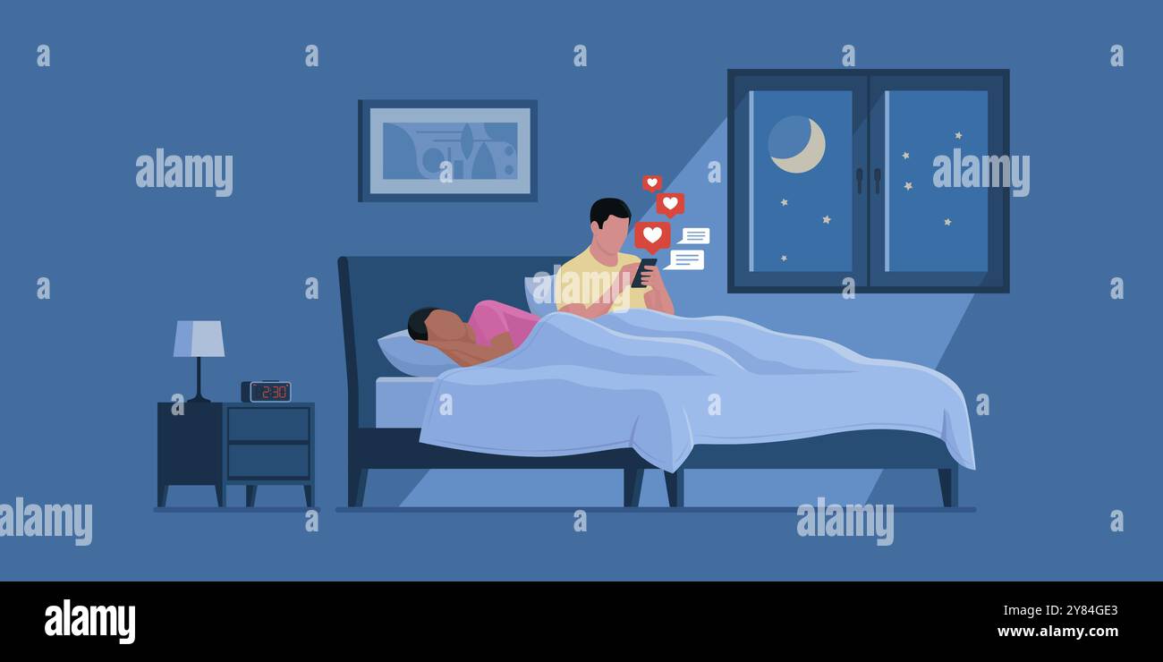 Uomo che si connette sui social media di notte usando il suo smartphone mentre sua moglie dorme, dipendenza da Internet e problemi di relazione Illustrazione Vettoriale
