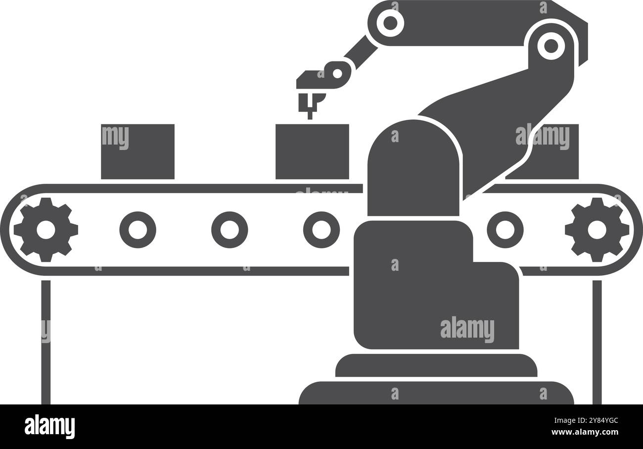 Icona nera del braccio robotizzato sulla cinghia della linea di produzione Illustrazione Vettoriale