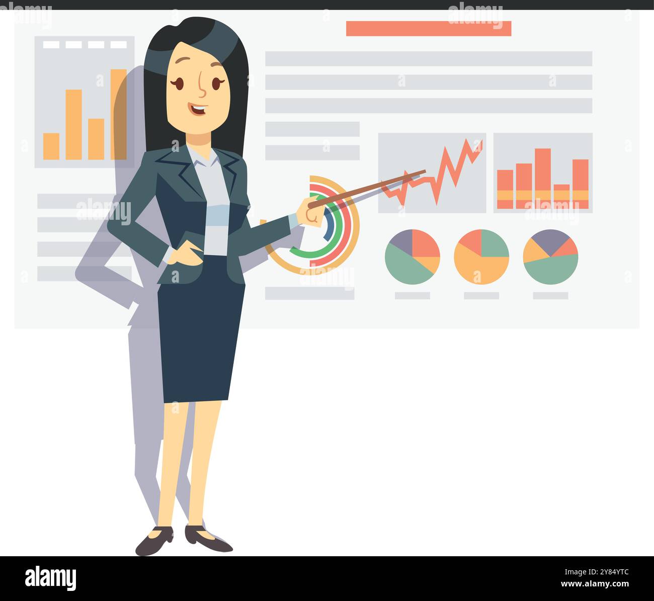 Una donna d'affari mostra una presentazione statistica. Allenamento sul divano femminile Illustrazione Vettoriale