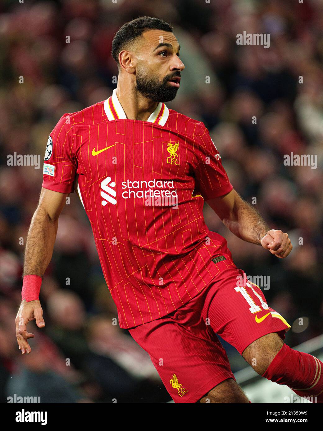Mohamed Salah del Liverpool durante la partita di UEFA Champions League tra Liverpool e Bologna FC 1909 ad Anfield, Liverpool mercoledì 2 ottobre 2024. (Foto: Steven Halliwell | mi News) crediti: MI News & Sport /Alamy Live News Foto Stock