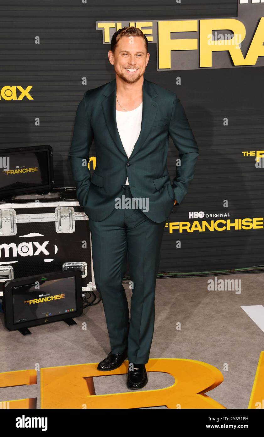 LOS ANGELES, CALIFORNIA - 1 OTTOBRE: Billy Magnussen partecipa alla prima di Los Angeles della serie originale HBO "The Franchise" al Paramount Theater Foto Stock