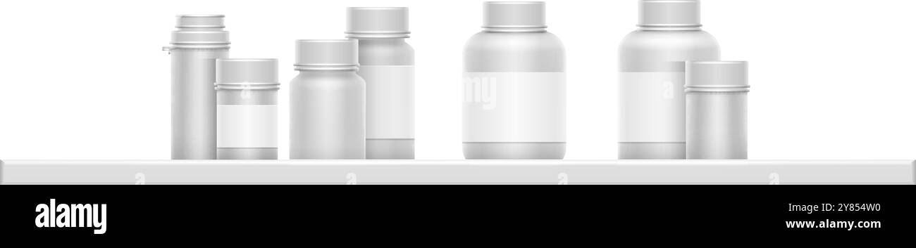 Scaffale dei flaconi per farmaci. Contenitori in plastica bianchi, mockup realistico Illustrazione Vettoriale
