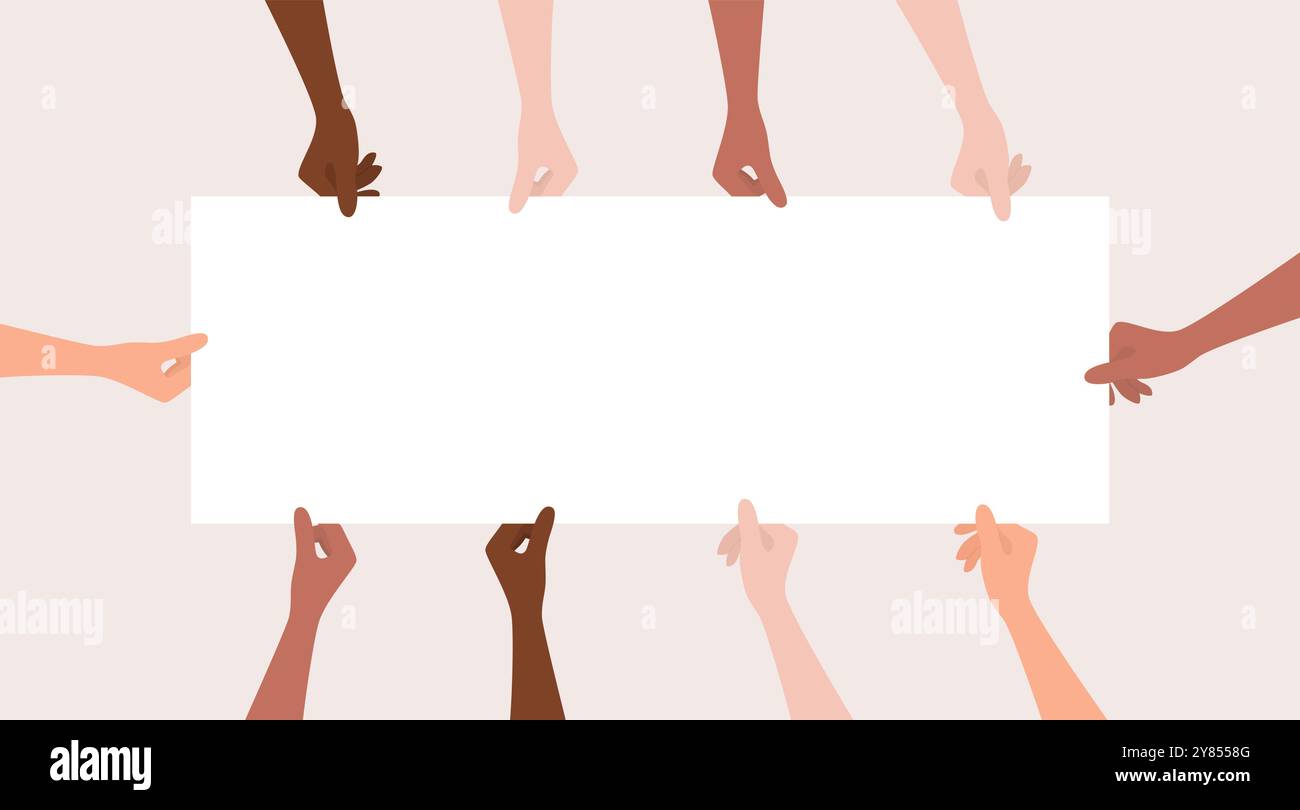 Mani di donne di diverse nazionalità e tonalità della pelle con uno striscione bianco, vista dall'alto. Illustrazione vettoriale piatta Illustrazione Vettoriale