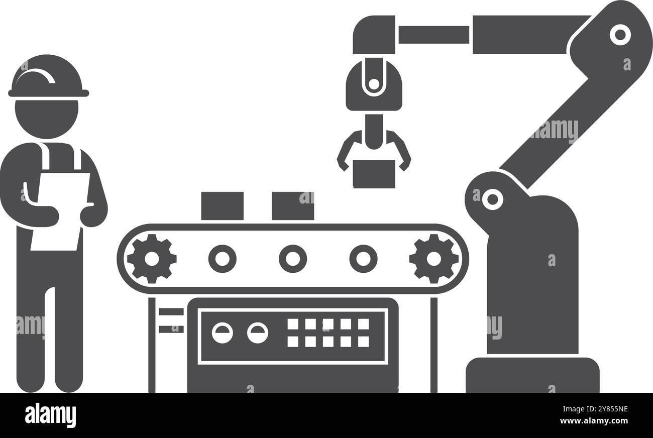 Tecnico che lavora sulla linea di assemblaggio automatica. Trasportatore di fabbrica Illustrazione Vettoriale