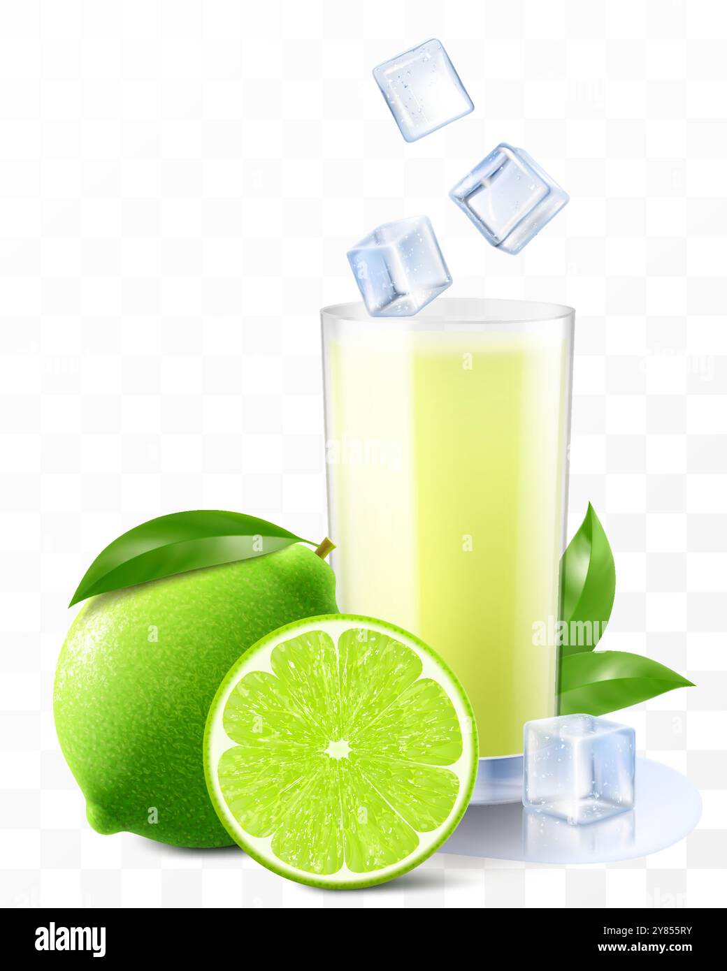 Un bicchiere di mojito fresco o limonata con cubetti di ghiaccio e paglia. succo o frullato con frutta al lime isolata su sfondo trasparente. 3d ve realistico Illustrazione Vettoriale