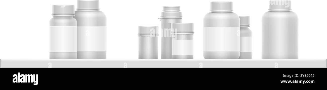 Modelli di farmacia. Flaconi per farmaci realistici in plastica vuoti Illustrazione Vettoriale