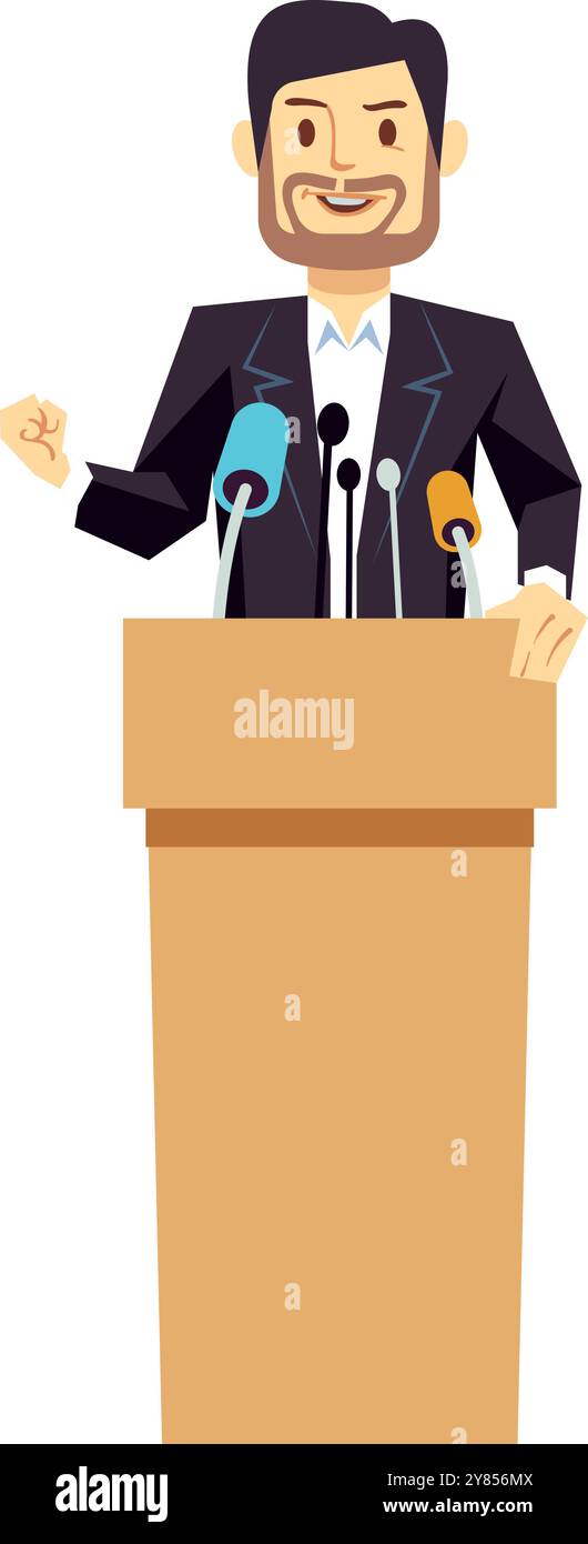 Uomo che parla a tribuna. Relatore o politico Illustrazione Vettoriale