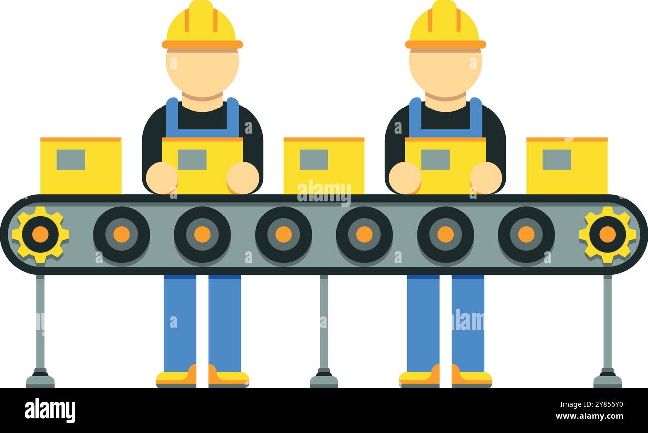 Operai di fabbrica sulla linea di confezionamento. Produzione di operatori di trasportatori Illustrazione Vettoriale