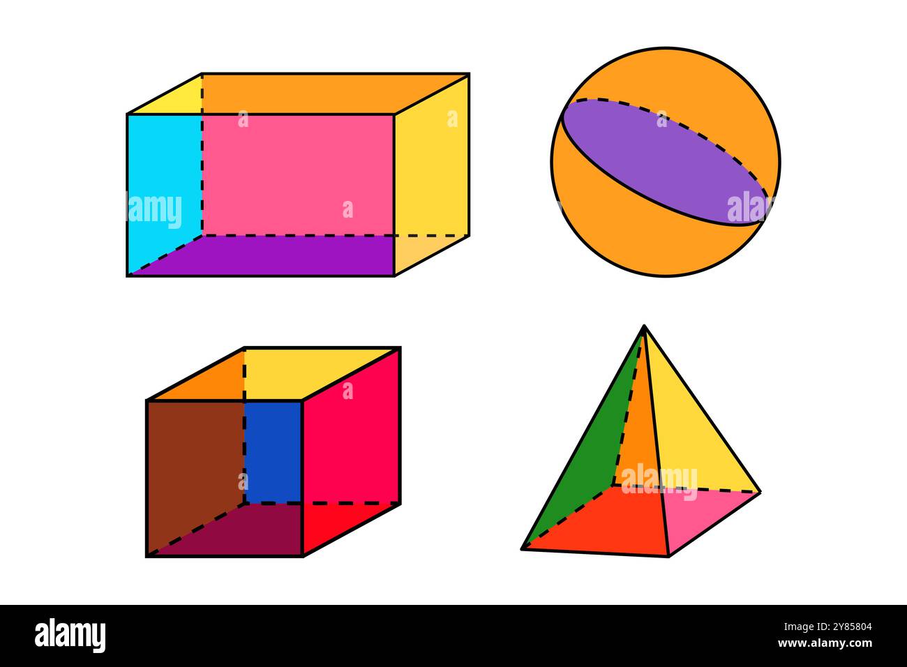 Colorate forme geometriche Happy 3D di oggetti sfera, cubo, cuboide, piramide Illustrazione Vettoriale